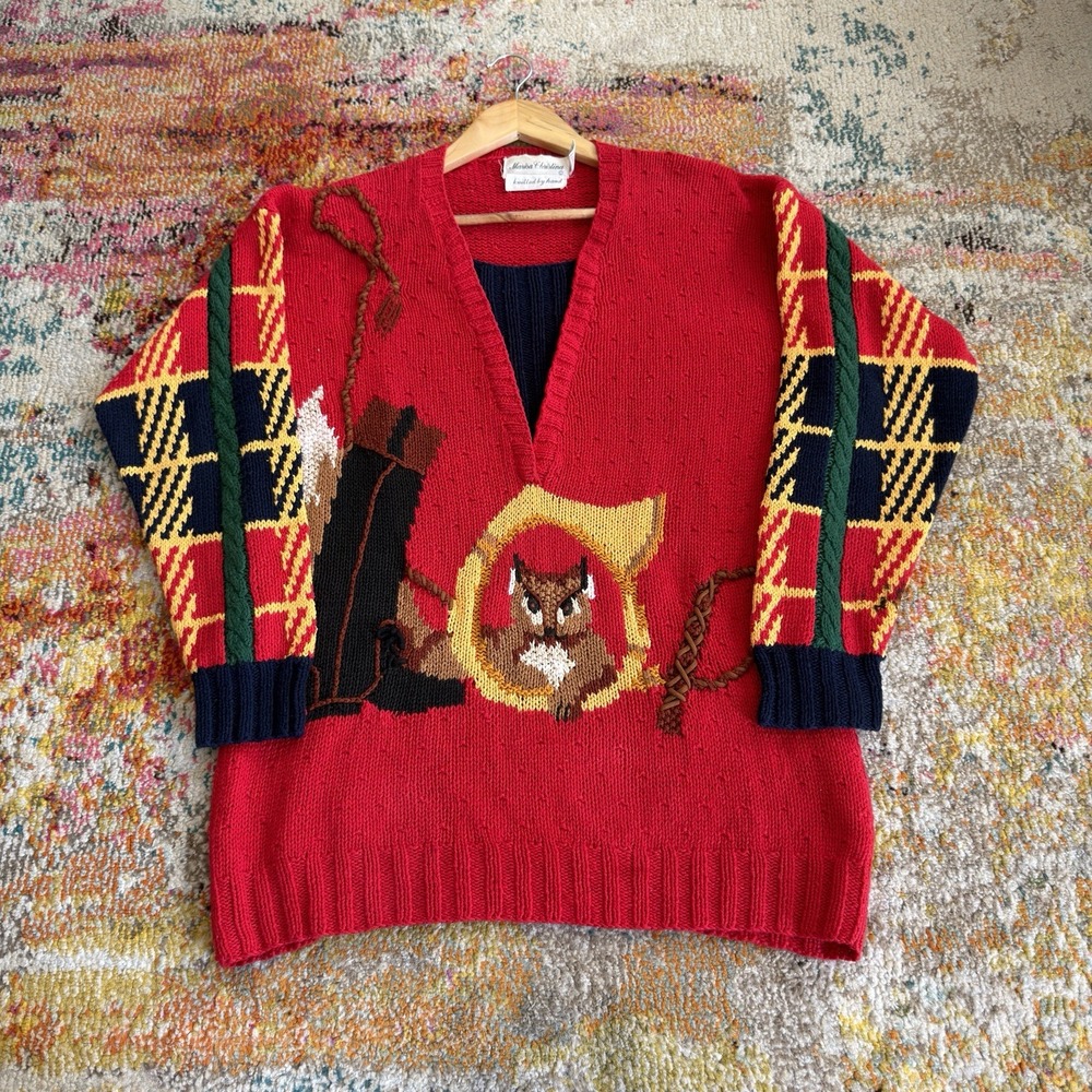 Vintage Fox Hunting Sweater Red Equestrian Horse Riding Knit Women's Cozy Gift